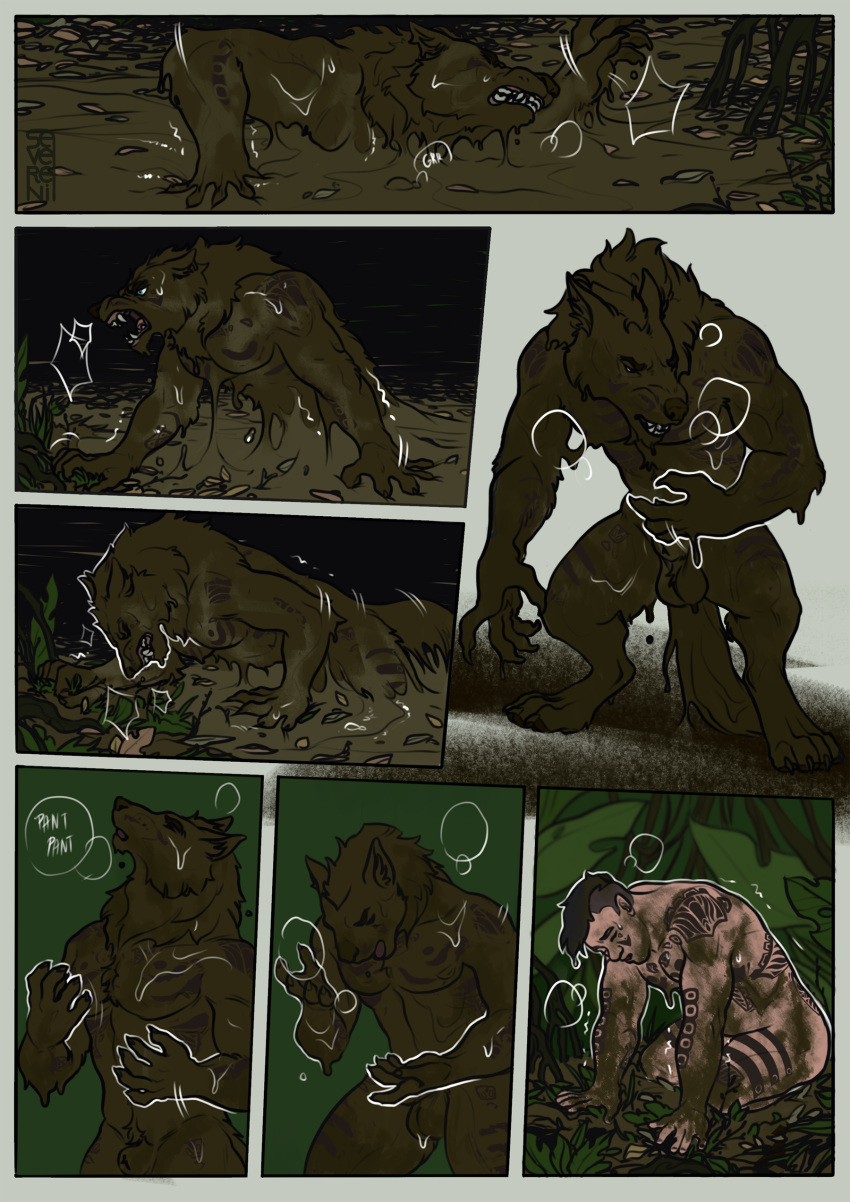 abs absurd_res anthro arterian_(character) balls biceps canid canine canis comic escape forest genitals hi_res human jungle leaf male mammal markings messy mud muscular muscular_anthro muscular_male nude penis peril plant quicksand severeni solo struggling stuck swamp tail transformation transformation_sequence tree tribal tribal_markings were werecanid werecanine werewolf wolf
