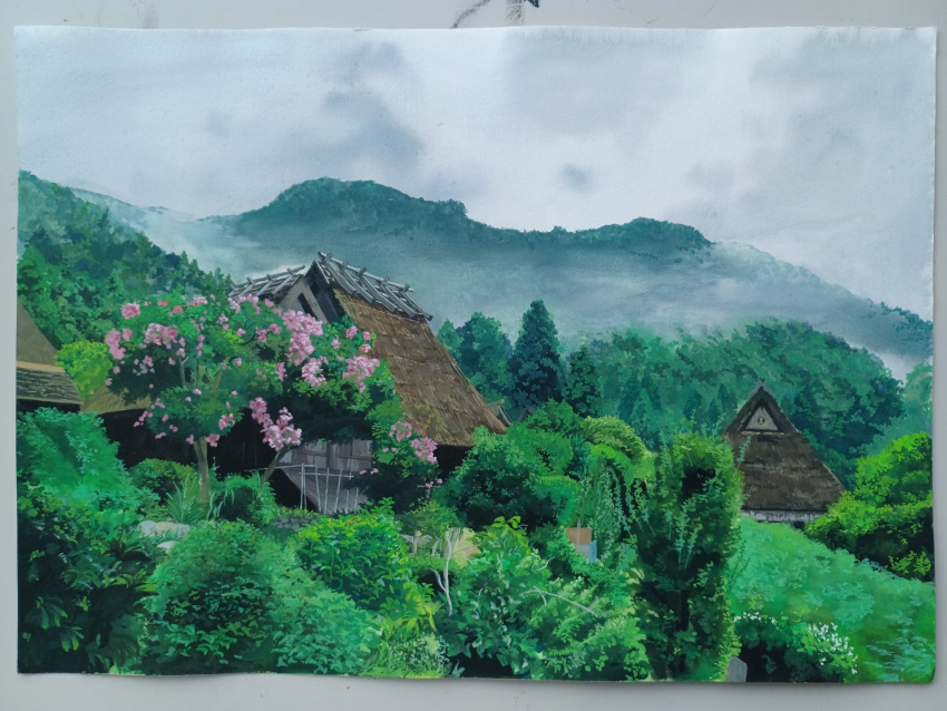 building flower forest grey_sky highres house mountain mountainous_horizon nature no_humans original painting_(medium) pine_tree pink_flower rural scenery sky tetsugbl14 thatched_roof traditional_media tree village