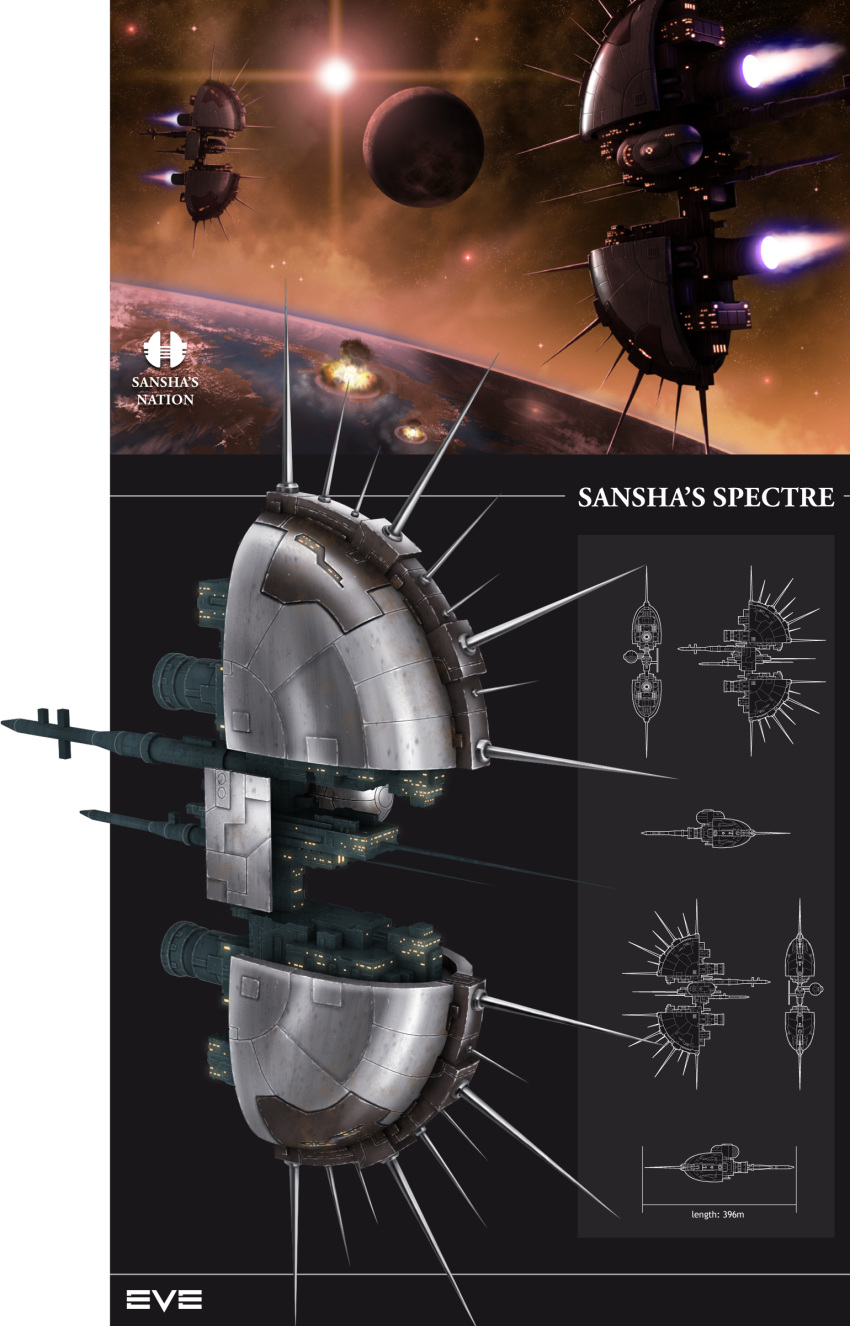 absurdres amarr_empire_(eve_online) battle battlecruiser_(eve_online) blueprint_(medium) cloud commentary concept_art eve_online fire flying from_side glowing highres in_orbit krats logo military_vehicle moon multiple_views mushroom_cloud nebula no_humans nuclear_explosion original outdoors planet realistic reference_sheet sansha's_nation_(eve_online) science_fiction shockwave sky space spacecraft spikes star_(sky) starry_sky thrusters transparent_background vehicle_focus water