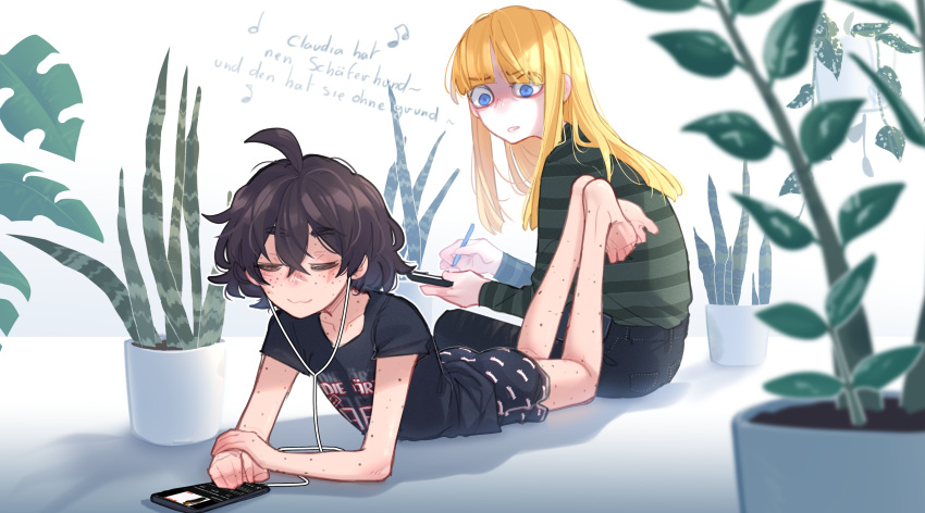 2girls absurdres black_hair blind_girl_(popopoka) blonde_girl_(popopoka) blonde_hair blue_eyes cellphone closed_eyes commentary earphones english_commentary highres lying mole multiple_girls on_stomach original phone plant popopoka potted_plant short_hair sitting smartphone smile