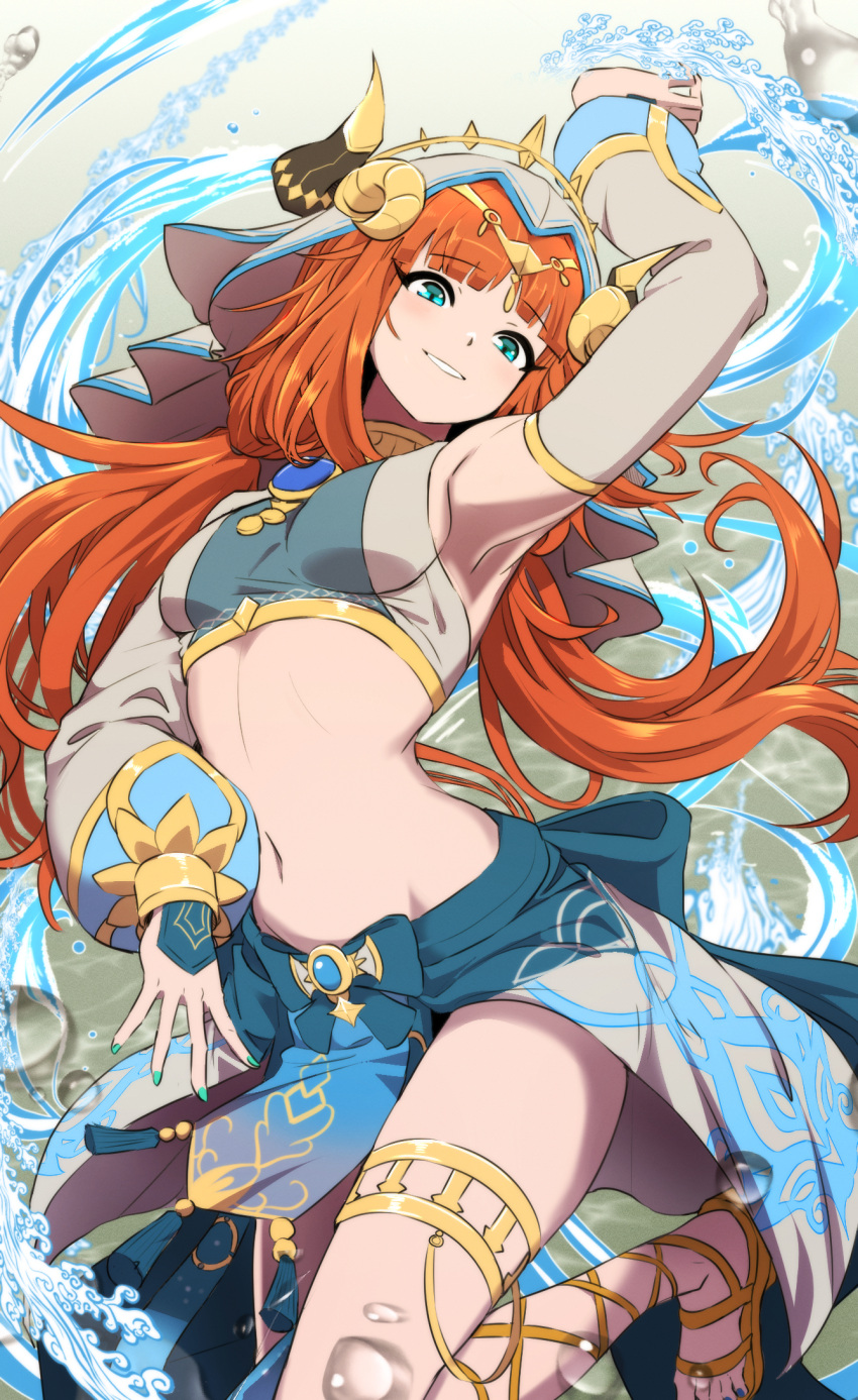 1girl arm_up blue_gemstone blue_skirt blunt_bangs bracer breasts circlet commentary dancer detached_sleeves fake_horns foot_out_of_frame gem genshin_impact gladiator_sandals gold_trim green_eyes harem_outfit highres horns long_hair long_sleeves looking_at_viewer looking_down low_twintails medium_breasts navel nilou_(genshin_impact) orange_hair samacho sandals skirt smile solo standing standing_on_one_leg thighlet twintails veil water white_headdress white_veil