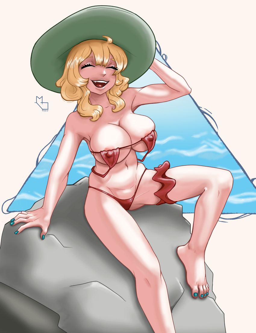 1girl absurdres aqua_nails areola_slip bare_shoulders barefoot bikini blonde_hair borrowed_character breasts cleavage dated draw_this_in_your_style_challenge feet florida-chan_(ryusei_hashida) foot_out_of_frame green_headwear hat highres knee_up large_breasts legs mayordi medium_hair nail_polish navel open_mouth original red_bikini rock signature smile solo swimsuit toenail_polish toenails toes upside-down_bikini_top water