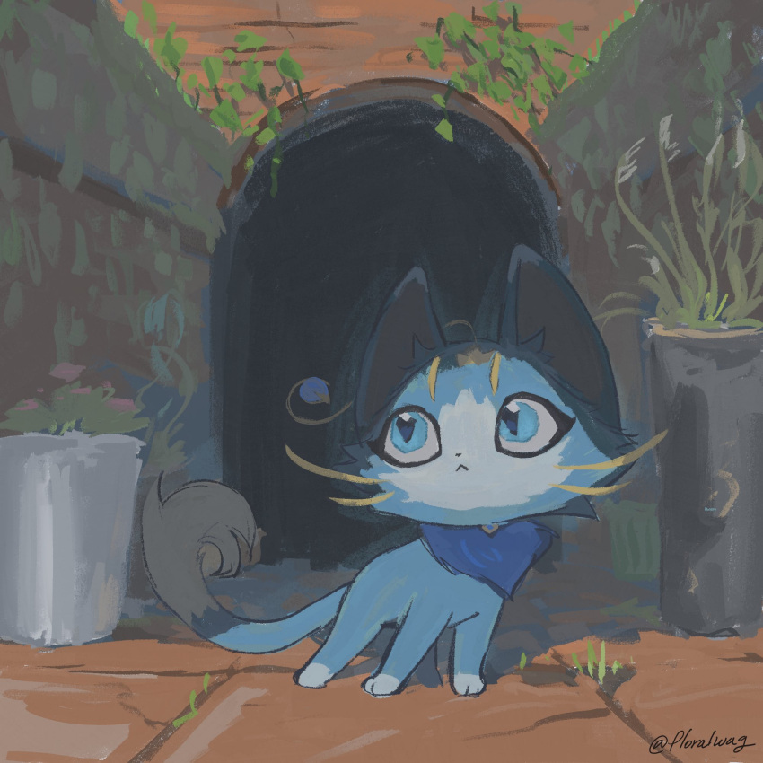 1girl :&lt; animal artist_name cat fur_collar geulimgyejeong green_eyes highres league_of_legends plant potted_plant solo standing tile_floor tiles yuumi_(league_of_legends)