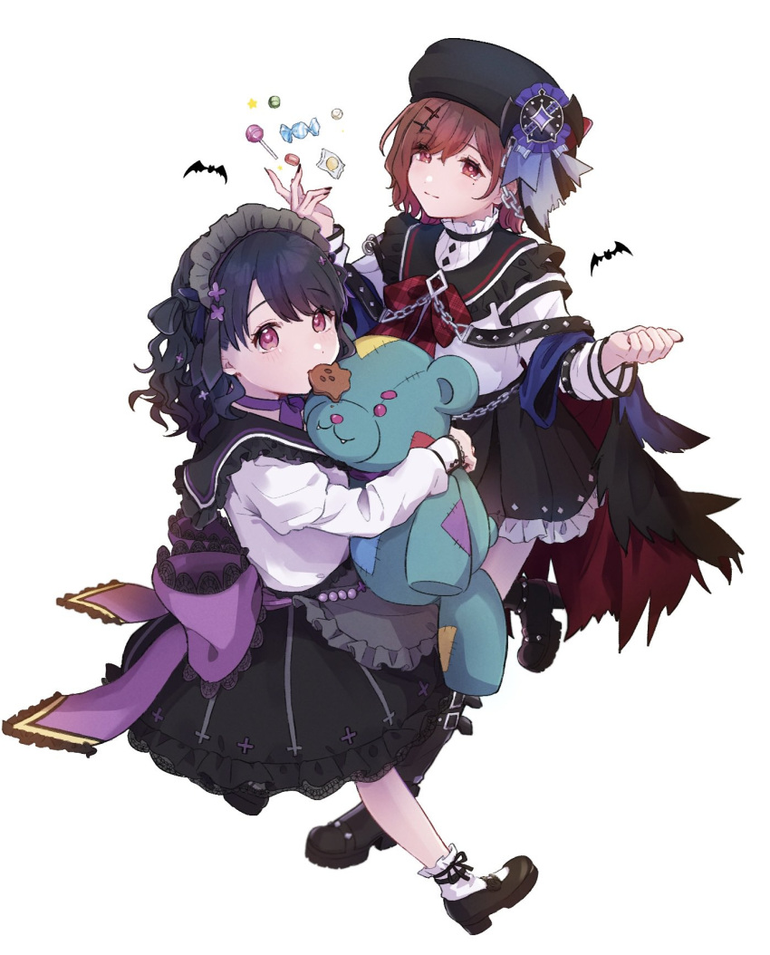 2girls artist_request beret black_hair black_ribbon black_sailor_collar brown_hair candy chain chocolate commentary_request food frilled_headwear frilled_skirt frilled_socks frills fukumaru_koito hair_ribbon halloween hat headdress highres higuchi_madoka idolmaster idolmaster_shiny_colors lollipop long_sleeves mary_janes medium_skirt miniskirt mole mole_under_eye multiple_girls pleated_skirt purple_eyes ribbon sailor_collar shirt shoes short_hair skirt socks stuffed_animal stuffed_toy swept_bangs teddy_bear twintails white_background white_shirt white_socks