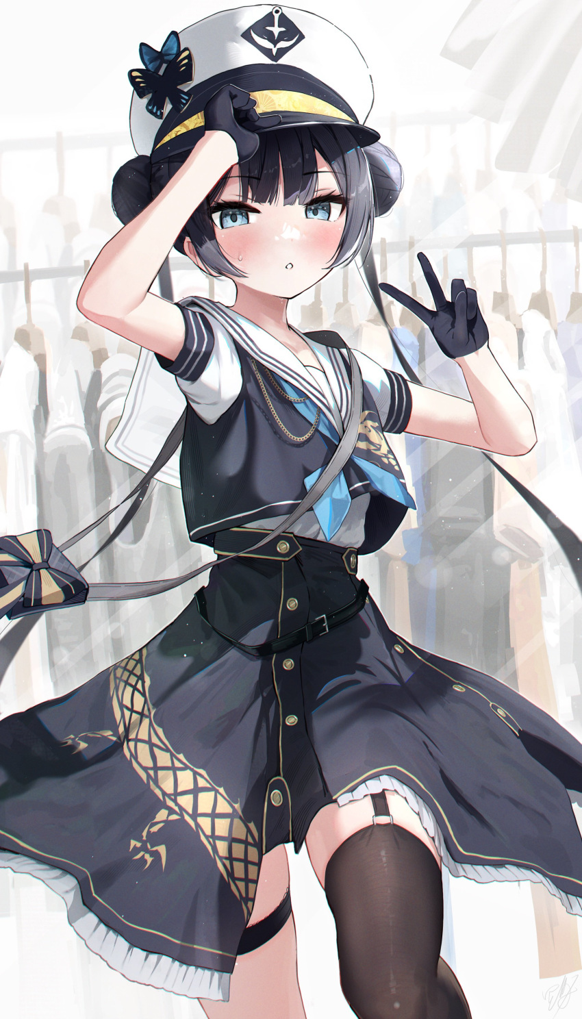 1girl absurdres adjusting_clothes adjusting_headwear alternate_costume bag belt black_gloves black_hair blue_archive blunt_bangs blurry casual clothes_shop commentary_request depth_of_field double_bun gloves hair_between_eyes hair_bun halo handbag hat hidulume highres holding holding_clothes holding_hat indoors kisaki_(blue_archive) long_hair looking_at_viewer parted_lips peaked_cap sailor_collar short_sleeves single_thighhigh solo thighhighs thighlet twintails v
