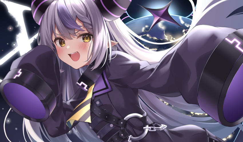 1girl black_collar black_horns braid chain coat collar cuffs demon_girl demon_horns grey_hair highres hololive horns imsaibo3 la+_darknesss la+_darknesss_(1st_costume) large_horns long_hair metal_collar multicolored_hair neckerchief o-ring open_mouth pointy_ears purple_coat purple_hair sleeves_past_fingers sleeves_past_wrists solo streaked_hair striped_horns striped_neckerchief tail very_long_hair yellow_eyes yellow_neckerchief