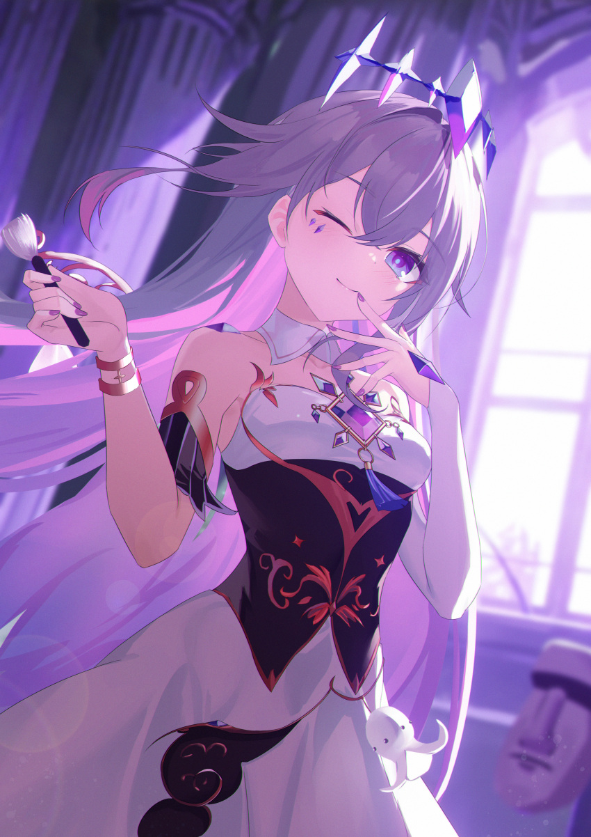 1girl absurdres bracelet detached_sleeves dress grey_hair highres hololive hololive_english jewelry jiang_ye_kiri koseki_bijou long_hair moai one_eye_closed purple_eyes purple_nails single_detached_sleeve strapless strapless_dress virtual_youtuber window