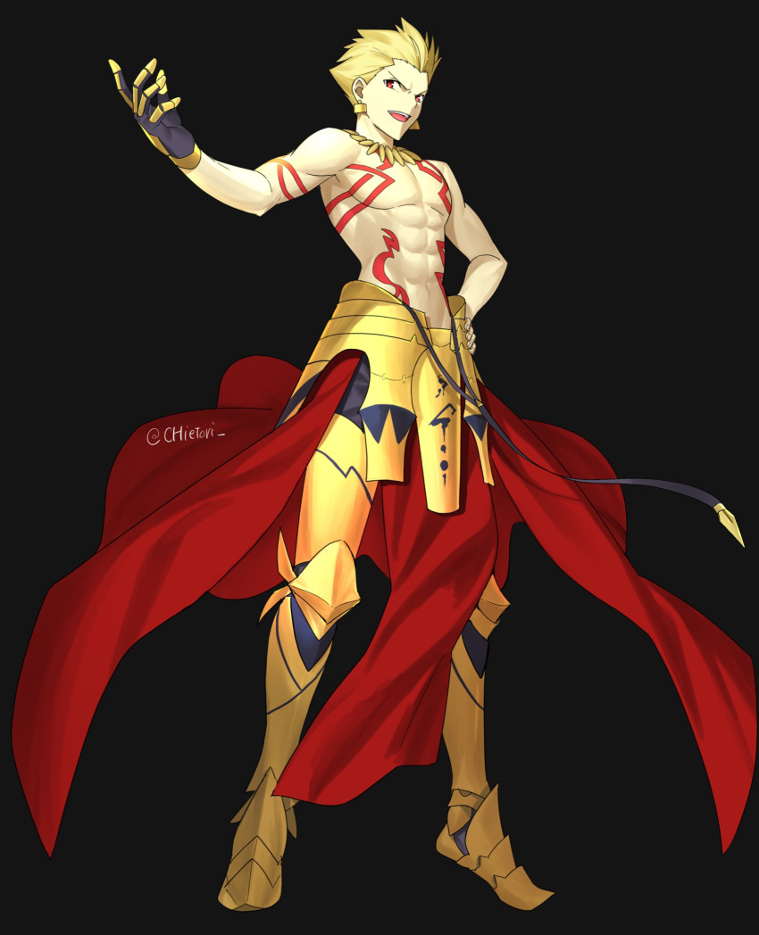 1boy abs armor black_background blonde_hair body_markings chietori earrings fate/grand_order fate_(series) fingernails full_body gilgamesh_(fate) gloves gold_armor hand_on_own_hip highres jewelry male_focus necklace official_style open_mouth red_eyes short_hair sideways_glance simple_background single_glove solo teeth topless_male twitter_username upper_teeth_only