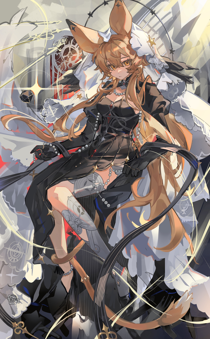 1girl absurdres animal_ears arknights asymmetrical_legwear black_dress black_footwear black_gloves blonde_hair breasts buzhidaojiaoshenmekoua cleavage closed_mouth commentary_request dice dorothy_(arknights) dorothy_(hand_of_destiny)_(arknights) dress expressionless full_body gloves hair_between_eyes highres juliet_sleeves long_hair long_sleeves looking_at_viewer medium_breasts mouse_ears mouse_girl official_alternate_costume puffy_sleeves shoes signature single_thighhigh solo thighhighs veil very_long_hair white_thighhighs yellow_eyes