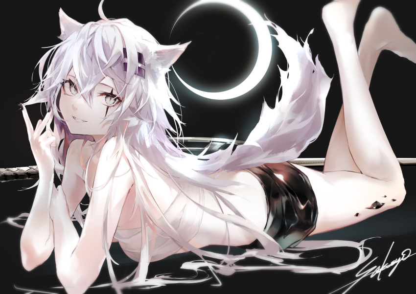 1girl absurdres ahoge animal_ears arknights bandages bandeau bare_arms bare_legs bare_shoulders barefoot black_background black_nails black_shorts chest_sarashi commentary_request grey_eyes grin hair_ornament hairclip highres lappland_(arknights) long_hair looking_at_viewer lying messy_hair midriff nail_polish on_stomach oripathy_lesion_(arknights) sakusyo sarashi scar scar_across_eye short_shorts shorts smile solo strapless thighs tube_top v very_long_hair white_hair wolf_ears