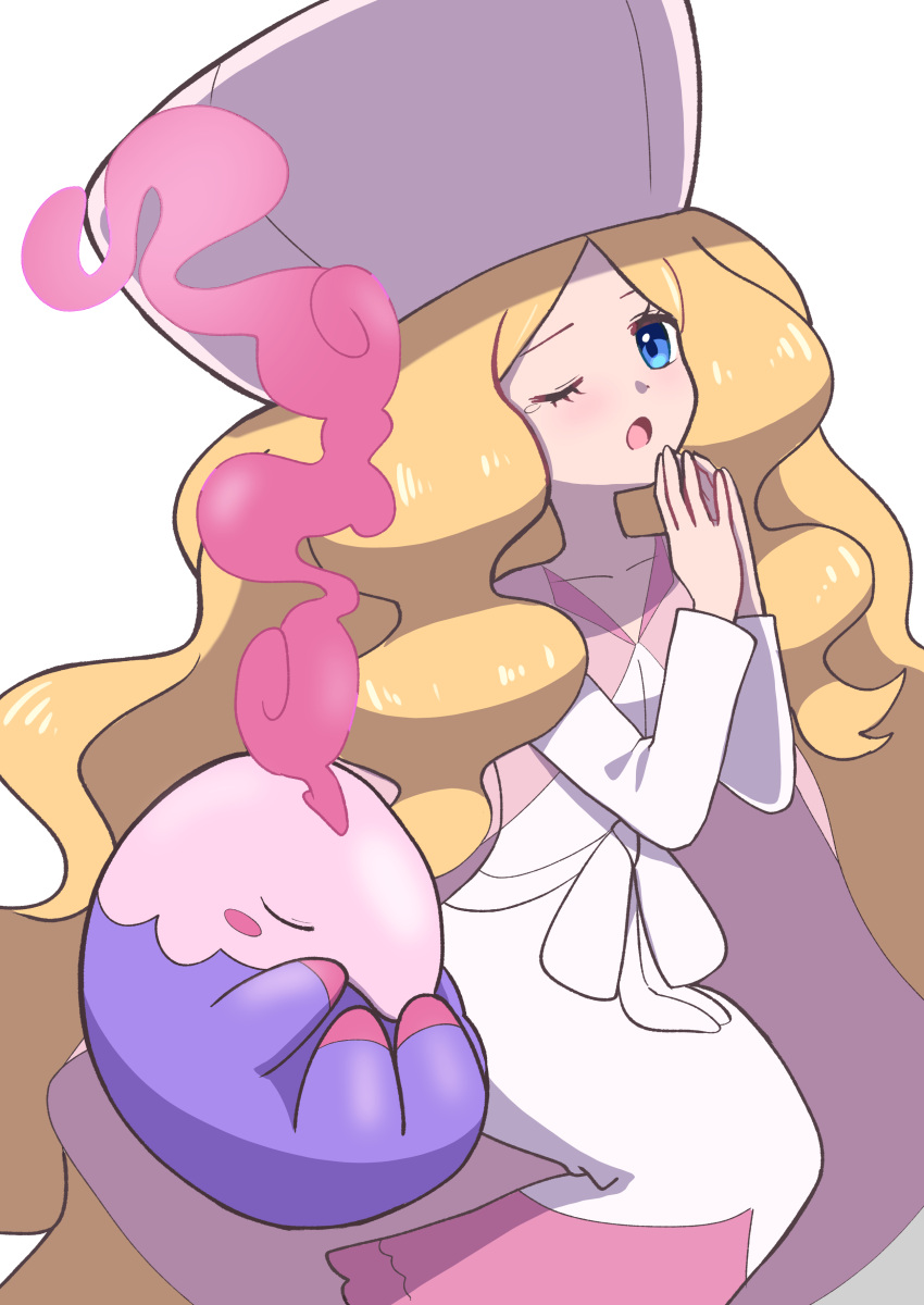 1girl ;o absurdres blonde_hair blue_eyes caitlin_(pokemon) dress hat highres long_hair long_sleeves looking_at_viewer musharna one_eye_closed open_mouth own_hands_together pink_dress pink_headwear pokemon pokemon_(creature) pokemon_(game) pokemon_bw sheyona very_long_hair white_background