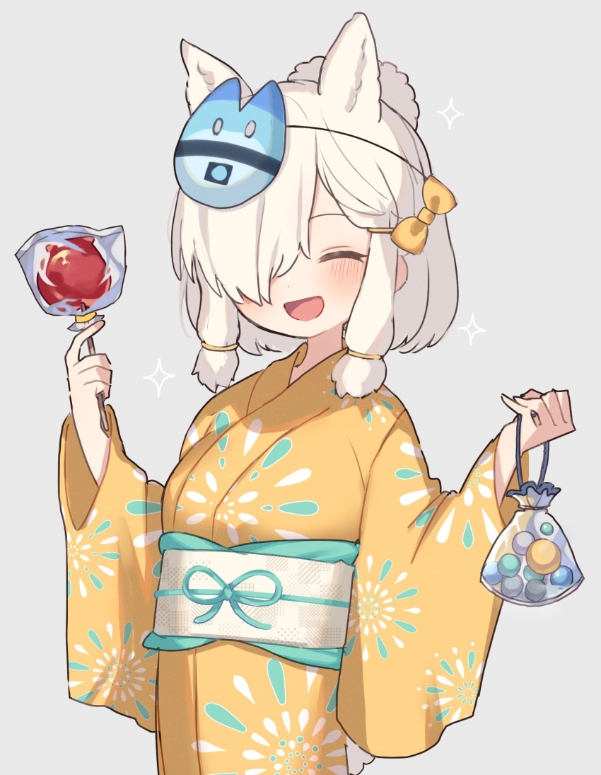 1girl alpaca_ears alpaca_girl alpaca_suri_(kemono_friends) alternate_costume animal_ears belt blush bow candy_apple character_mask commentary_request extra_ears food hair_bow hair_bun hair_over_one_eye highres japanese_clothes kemono_friends kimono lucky_beast_(kemono_friends) mask mask_on_head noamem obi sash short_hair sidelocks solo upper_body white_belt yellow_bow yellow_kimono