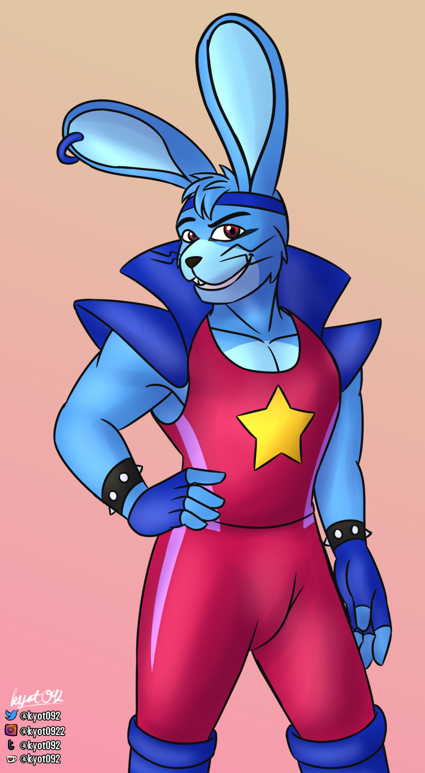 absurd_res accessory anthro blue_body blue_fur bodysuit bracelet clothed clothing ear_piercing ear_ring five_nights_at_freddy's five_nights_at_freddy's:_security_breach five_nights_at_freddy's:_security_breach_ruin fur glamrock_bonnie_(fnaf) headband hi_res jewelry kyot092 lagomorph leporid male mammal piercing rabbit red_clothing red_eyes ring_piercing scottgames skinsuit solo spiked_bracelet spikes steel_wool_studios tight_clothing whiskers