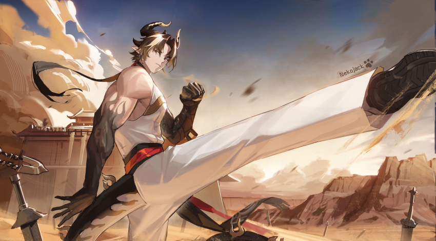 arknights artist_name attack bara chinese_commentary chong_yue_(arknights) cloud desert dragon_boy dragon_horns dragon_tail earrings fortress highres horns jewelry jieke_jieke_mao kicking looking_ahead mesa multicolored_hair multiple_swords pants pectorals ponytail red_eyes sand sand_dune shirt shoe_soles sky sleeveless sleeveless_shirt tail white_pants white_shirt