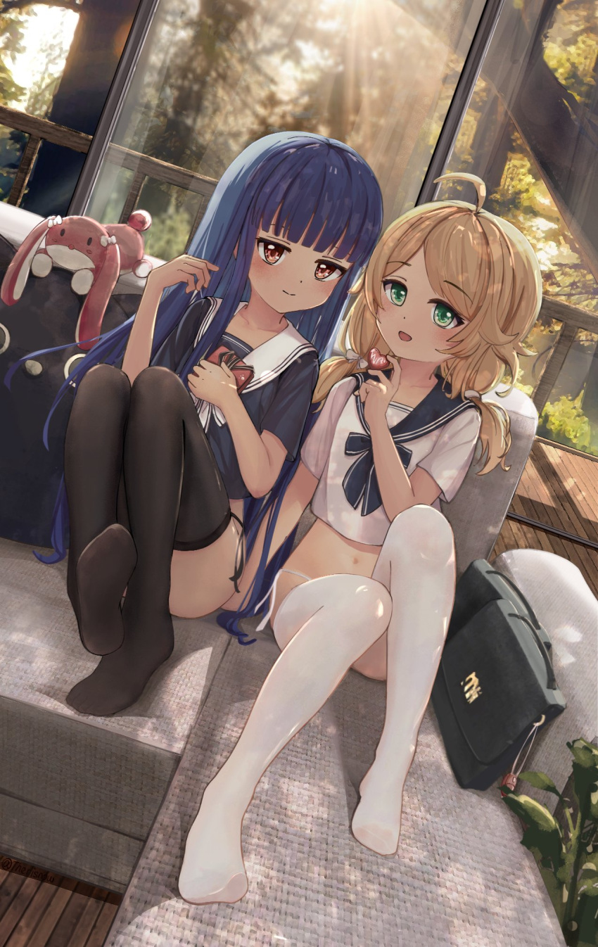 2girls ahoge arm_support bangs black_panties black_shirt black_thighhighs blunt_bangs blush brown_eyes closed_mouth collarbone commentary_request couch dutch_angle feet full_body green_eyes hand_up hands_up highres hime_cut holding idolmaster idolmaster_cinderella_girls indoors knees_together_feet_apart knees_up legs legs_together light_brown_hair long_hair looking_at_viewer multiple_girls no_pants no_shoes open_mouth panties parted_bangs purple_hair sailor_collar sajo_yukimi school_uniform shirt short_sleeves side-tie_panties sitting smile soles stuffed_animal stuffed_rabbit stuffed_toy therisnow thighhighs tree twintails underwear white_panties white_shirt white_thighhighs window yusa_kozue