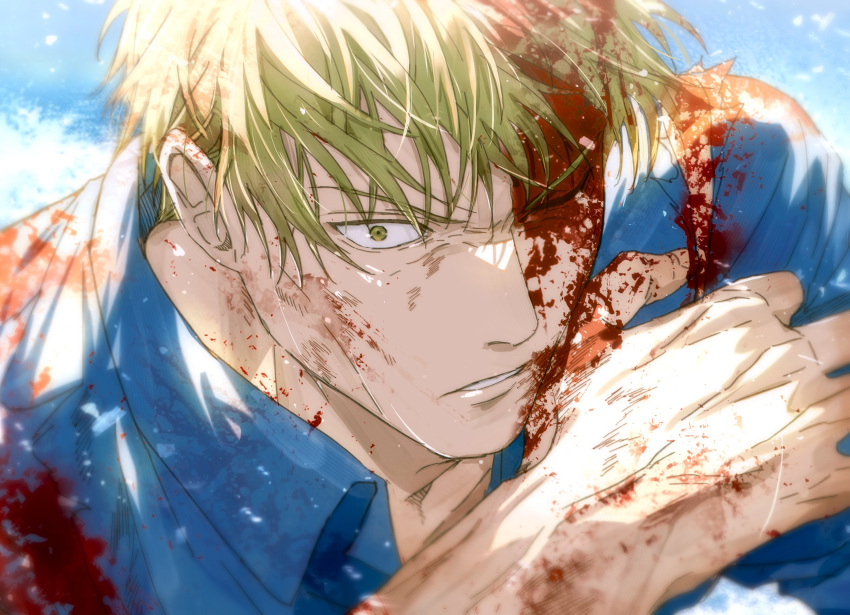 1boy blonde_hair blood blood_on_clothes blood_on_face blue_shirt collared_shirt hair_down highres jujutsu_kaisen lips looking_at_viewer male_focus nanami_kento one_eye_closed parted_lips portrait shirt short_hair solo yoon_(dmsco1803)