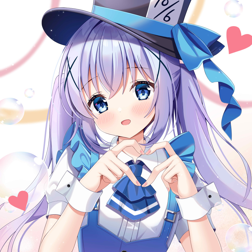 absurdres armband black_headwear blue_eyes blue_hair blush bow fengshen_chino gochuumon_wa_usagi_desu_ka? hair_ornament heart heart_hands highres kafuu_chino light_blue_hair necktie shirt white_shirt x_hair_ornament