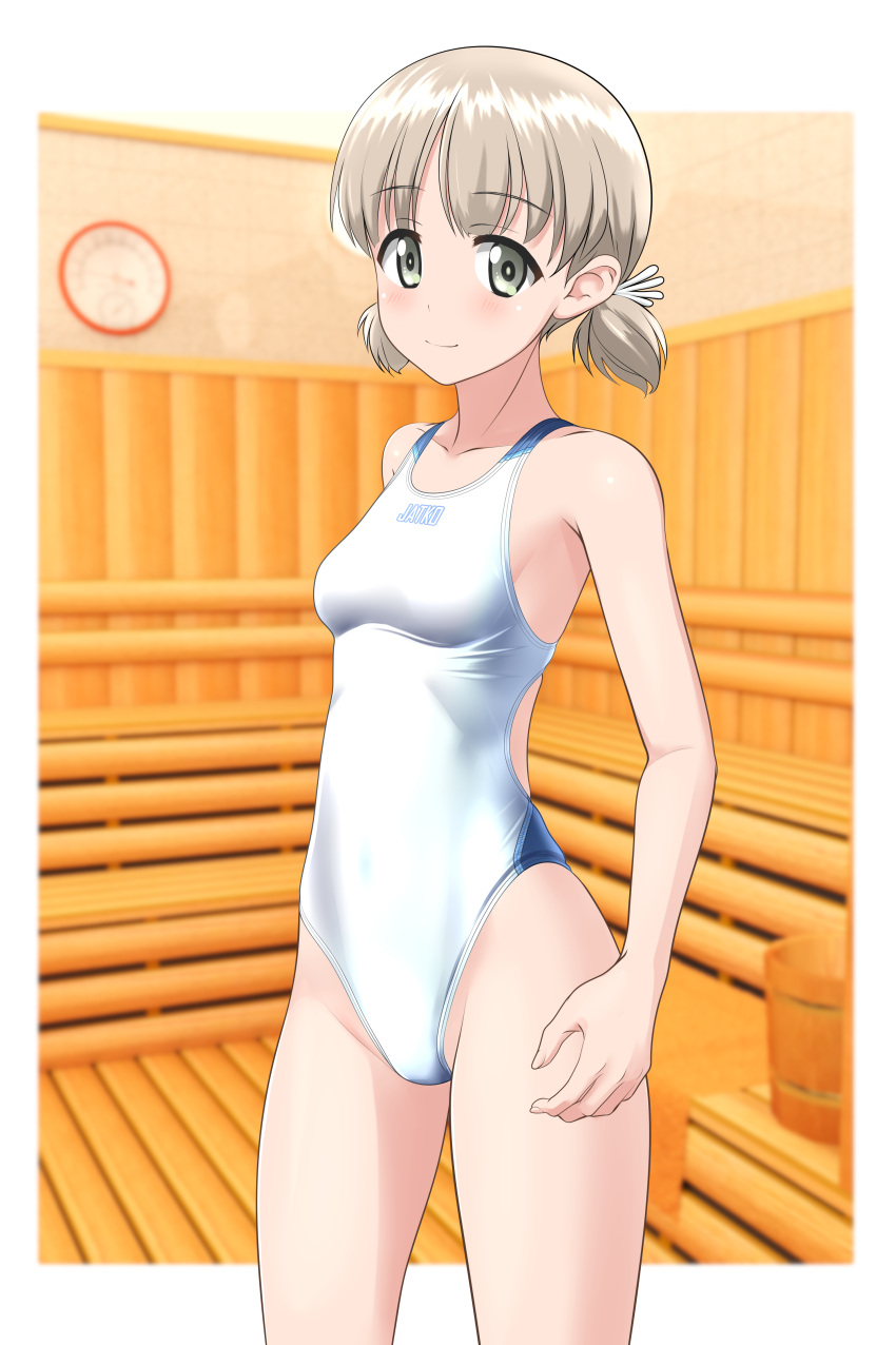 1girl absurdres aki_(girls_und_panzer) blush breasts collarbone commentary_request competition_swimsuit cowboy_shot girls_und_panzer green_eyes groin highres light_brown_hair looking_at_viewer low_twintails one-piece_swimsuit sauna short_hair short_twintails small_breasts smile solo standing swimsuit takafumi thighs twintails two-tone_swimsuit variant_set white_one-piece_swimsuit