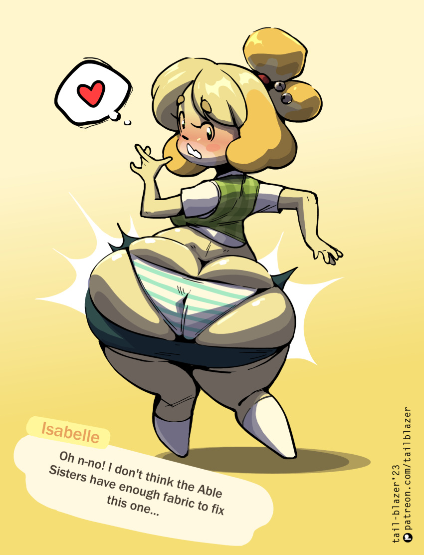 &lt;3 2023 animal_crossing anthro big_butt blush bottom_heavy bottomwear bulging_butt bursting_out_of_clothing butt butt_expansion canid canine canis cardigan clothing dialogue digital_media_(artwork) domestic_dog embarrassed english_text expansion eyebrows female flash_emanata hi_res huge_butt isabelle_(animal_crossing) mammal nintendo panties pattern_bottomwear pattern_clothing pattern_panties pattern_underwear pencil_skirt raised_eyebrows rear_view shih_tzu simple_eyes skirt solo striped_bottomwear striped_clothing striped_panties striped_underwear stripes tail-blazer talking_to_self text text_box thick_eyebrows thick_thighs torn_clothing toy_dog underwear wide_hips