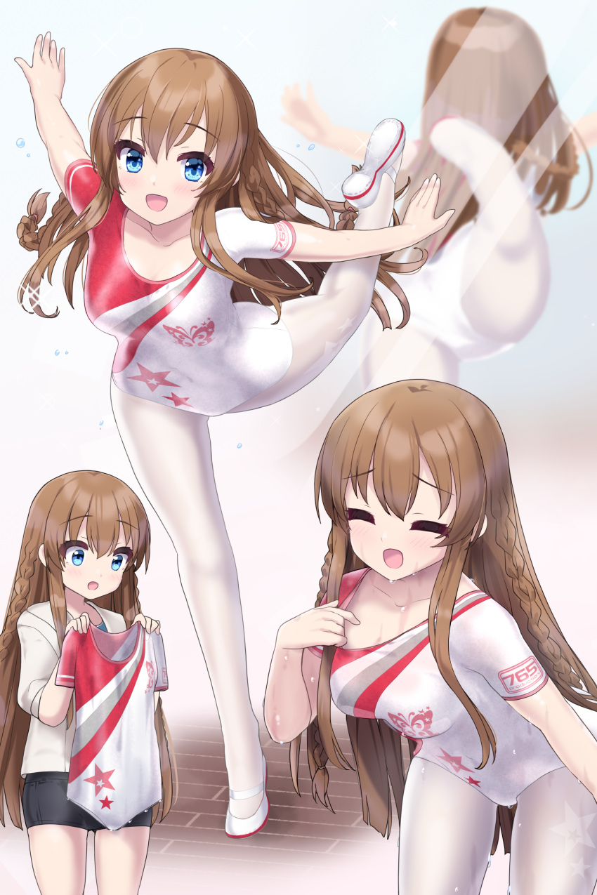 1girl absurdres animal_print athletic_leotard ballet bike_shorts blue_eyes braid breasts brown_hair butterfly_print closed_eyes commentary_request cowboy_shot full_body highres holding holding_clothes idolmaster idolmaster_million_live! kousaka_umi ktsecond leotard long_hair looking_at_viewer mirror multicolored_leotard multiple_views outstretched_arms pantyhose reflection side_braid small_breasts standing standing_on_one_leg star_(symbol) star_print sweat twin_braids white_footwear white_pantyhose