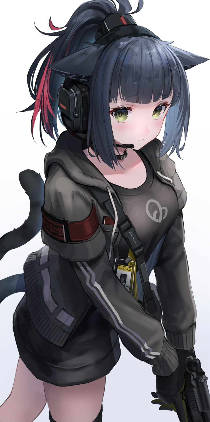 1girl absurdres animal_ears arknights black_choker black_shirt blue_hair cat_ears cat_girl cat_tail choker commentary cowboy_shot green_eyes grey_jacket gun handgun headset high_ponytail highres holding holding_gun holding_weapon hood hooded_jacket id_card implied_extra_ears jacket jessica_(arknights) long_sleeves looking_at_viewer multicolored_hair open_clothes open_jacket parted_lips red_hair shirt short_hair simple_background sthk streaked_hair tail weapon white_background