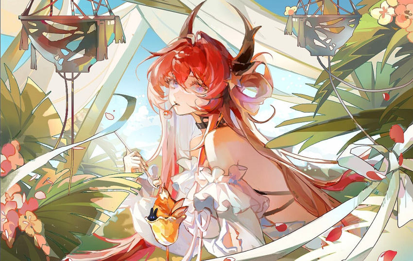 1girl arknights bare_shoulders black_choker canxuekuaiqusong cherry chinese_commentary choker cloud commentary day demon_girl demon_horns food from_side fruit hair_between_eyes hair_ornament hair_rings holding holding_spoon horns ice_cream_cup long_hair looking_at_viewer looking_to_the_side mouth_hold outdoors palm_leaf purple_eyes red_hair sky solo spoon star_(symbol) star_hair_ornament surtr_(arknights) surtr_(colorful_wonderland)_(arknights) swimsuit_cover-up upper_body very_long_hair