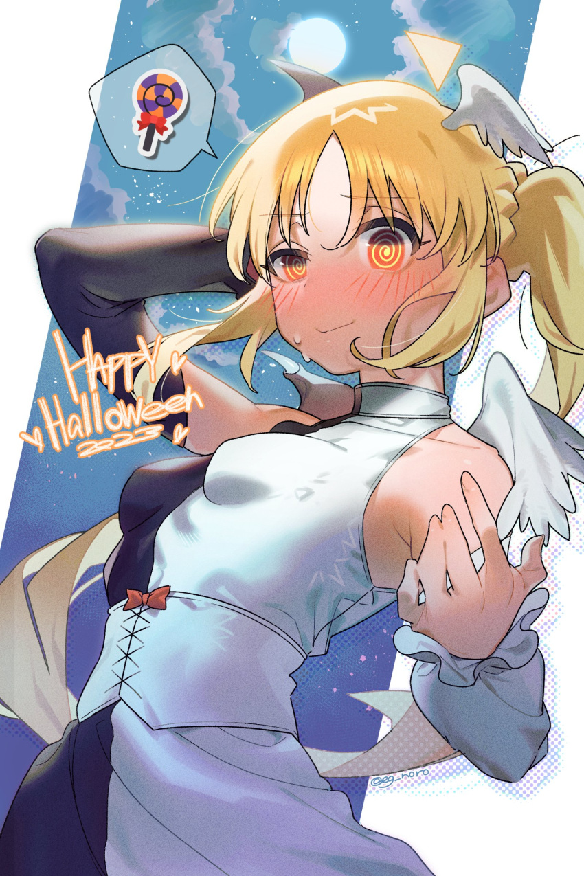 1girl @_@ absurdres ahoge angel_wings asymmetrical_dress black_sleeves blonde_hair blush bocchi_the_rock! breasts candy cloud commentary_request demon_wings detached_sleeves food full_moon hand_up happy_halloween head_wings highres ijichi_nijika lollipop long_hair looking_at_viewer moon night night_sky side_ponytail sidelocks sky small_breasts smile sofa_(enogunomu) solo spoken_food star_(sky) starry_sky sweat white_sleeves wings