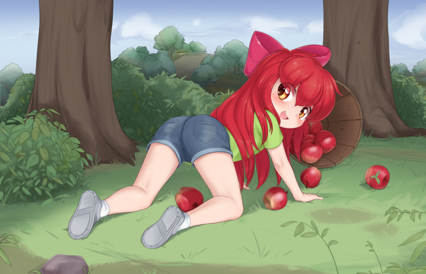 1girl :d all_fours apple apple_bloom ass blue_sky blush bow bucket bush child day denim denim_shorts food fruit full_body green_shirt grey_footwear hair_between_eyes hair_bow highres leaf long_hair looking_back my_little_pony my_little_pony:_friendship_is_magic on_ground open_mouth orange_eyes outdoors personification pestil red_bow red_hair rock shirt shoe_soles short_sleeves shorts sky smile socks solo sweatdrop t-shirt teeth tree upper_teeth_only wooden_bucket