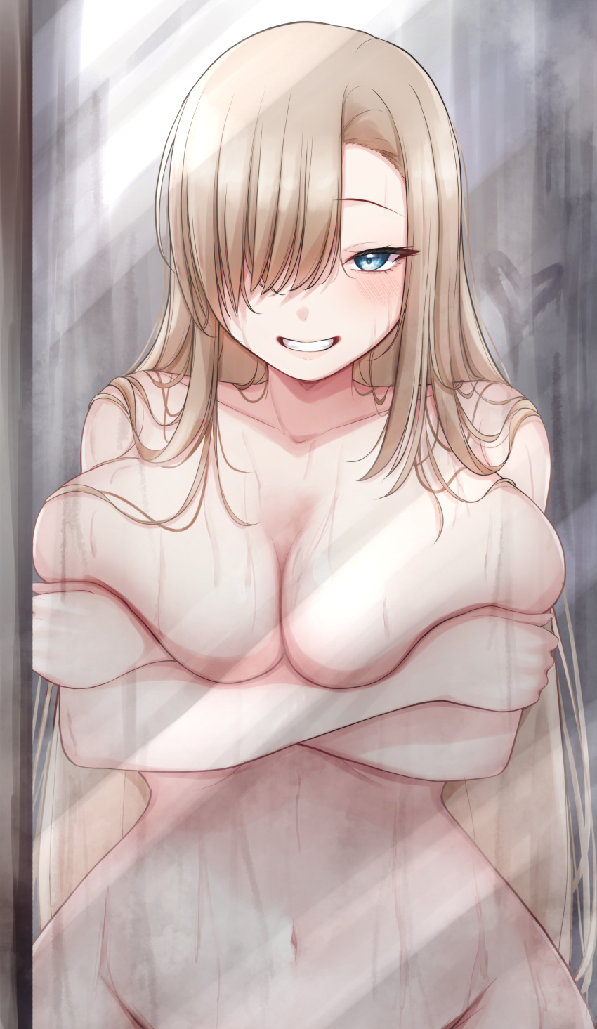 1girl absurdres against_glass asuna_(blue_archive) asymmetrical_bangs blue_archive blush breasts cleavage collarbone completely_nude covering covering_breasts crossed_arms groin hair_over_one_eye heart highres huge_breasts kyana_(5024777) light_brown_hair long_bangs long_hair looking_at_viewer navel no_halo nude one_eye_covered out-of-frame_censoring smile solo stomach very_long_hair wide_hips