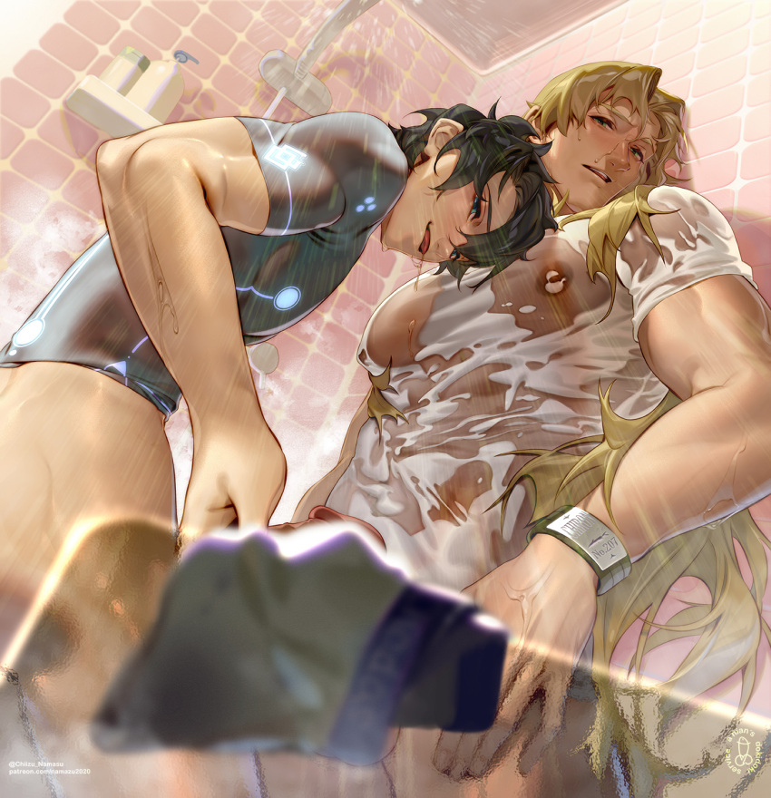 2boys ass bara black_hair black_shirt blush bottomless brown_hair chiizu_namasu chiron_(fate) covered_nipples erection fate/grand_order fate_(series) fujimaru_ritsuka_(male) highres large_pectorals long_hair male_focus multiple_boys muscular muscular_male naked_shirt paid_reward_available patreon_username pectorals penis see-through shared_bathing shirt short_hair tongue tongue_out twitter_username wet wet_clothes wet_hair wet_shirt yaoi