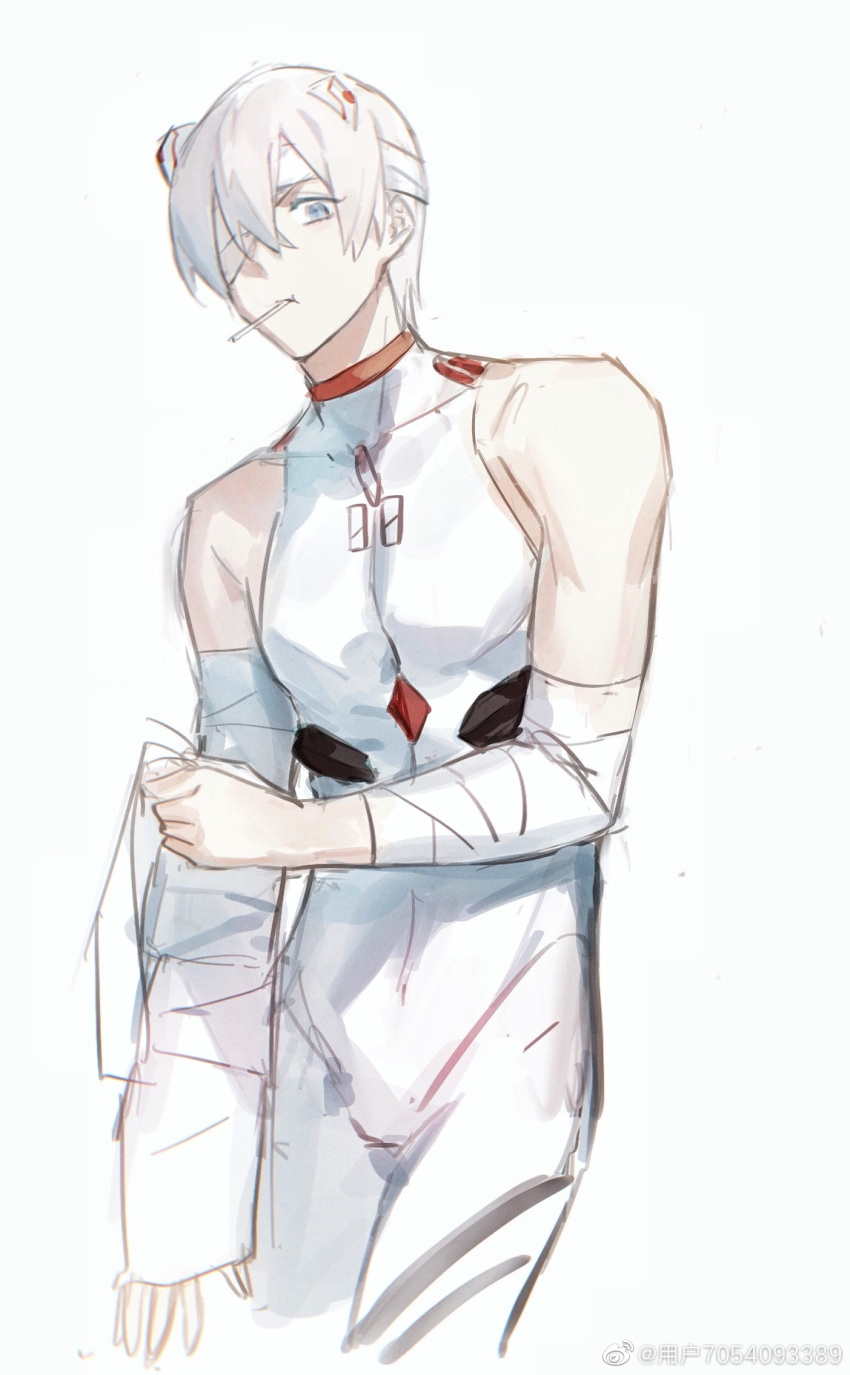 1boy ayanami_rei ayanami_rei_(cosplay) bandage_on_face bandaged_arm bandages bishounen blue_eyes cosplay crossdressing crossover dante_(devil_may_cry) devil_may_cry_(series) devil_may_cry_3 highres male_focus neon_genesis_evangelion pale_skin weibo_7054093389 white_background white_hair