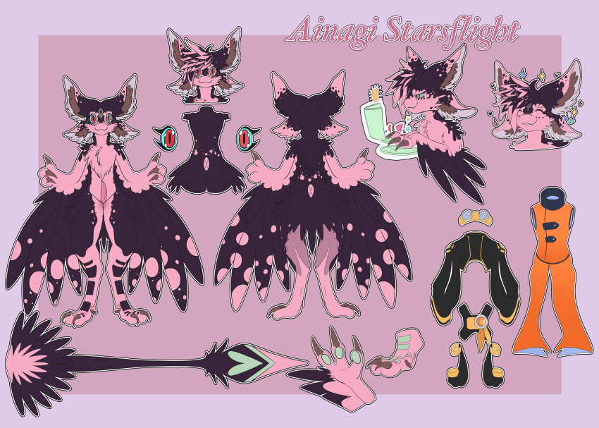 absurd_res ainagi_starflight_(willowyamm) anthro clothing cybernetic_eye cybernetics fur fur_markings hi_res hologram machine male markings model_sheet nonbinary_(lore) pink_body purple_body screen solo