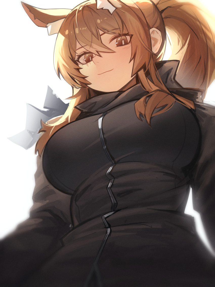 1girl absurdres animal_ear_fluff animal_ears arknights black_dress blonde_hair blurry blush breasts closed_mouth commission commissioner_upload distr dress hair_between_eyes headset_removed high_ponytail highres horse_ears horse_girl lap_pillow lap_pov large_breasts long_hair long_sleeves looking_at_viewer nearl_(arknights) no_armor orange_eyes ponytail pov sidelocks smile solo upper_body white_background