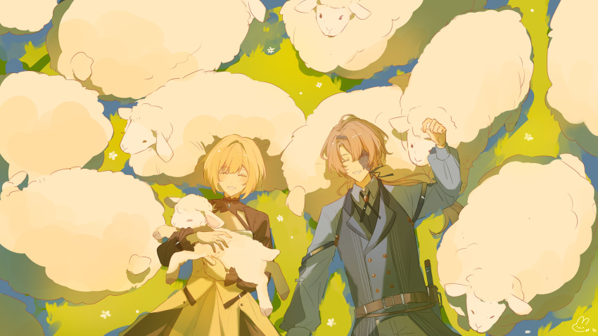 1boy 1girl animal belt black_sleeves blonde_hair blush brown_belt brown_hair ceres_(shuuen_no_virche) closed_eyes eyepatch facing_up facing_viewer grey_shirt highres holding holding_animal lying on_back on_grass sheep shirt shuuen_no_virche skirt smile teeth w047 yellow_skirt yves_(shuuen_no_virche)