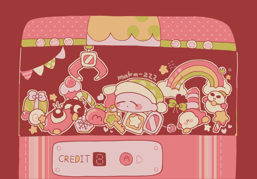artist_name box candy candy_cane chilly_(kirby) closed_eyes crane_game cupcake food freezie gift gift_box gordo green_headwear hat heart highres key kirby kirby's_dream_land kirby_(series) lollipop maka-zzz maxim_tomato nightcap no_humans oro_(kirby) rainbow red_background sleeping star_rod string_of_flags swirl_lollipop waddle_dee waddle_doo