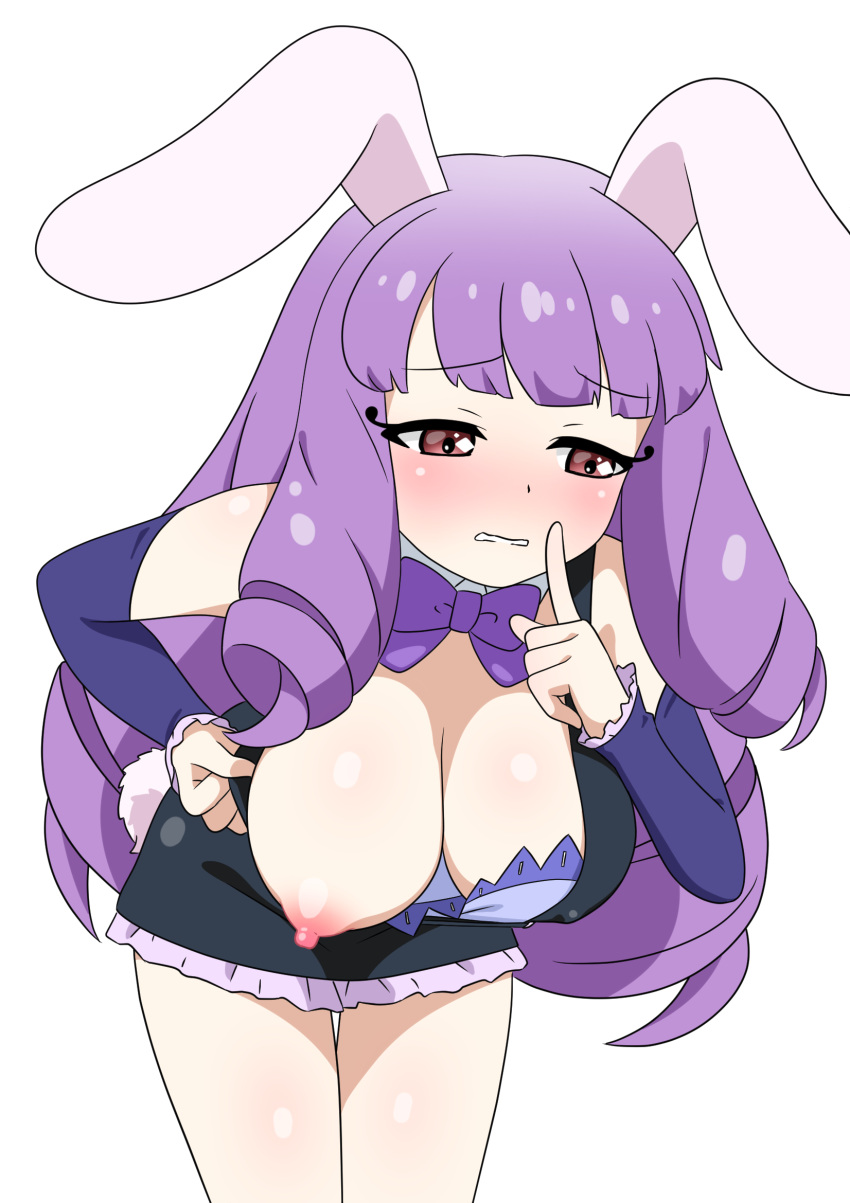 animal_humanoid areola big_breasts blush blushing_profusely bow_(feature) bow_ribbon breasts brown_eyes cel_shading chuchu_(show_by_rock!!) digital_media_(artwork) erect_nipples female hair hi_res humanoid kyodori lagomorph lagomorph_humanoid leporid_humanoid light_body light_skin long_hair mammal mammal_humanoid nipples one_breast_out pink_areola pink_nipples purple_hair rabbit_humanoid sanrio shaded show_boobs show_by_rock!! simple_background solo white_background