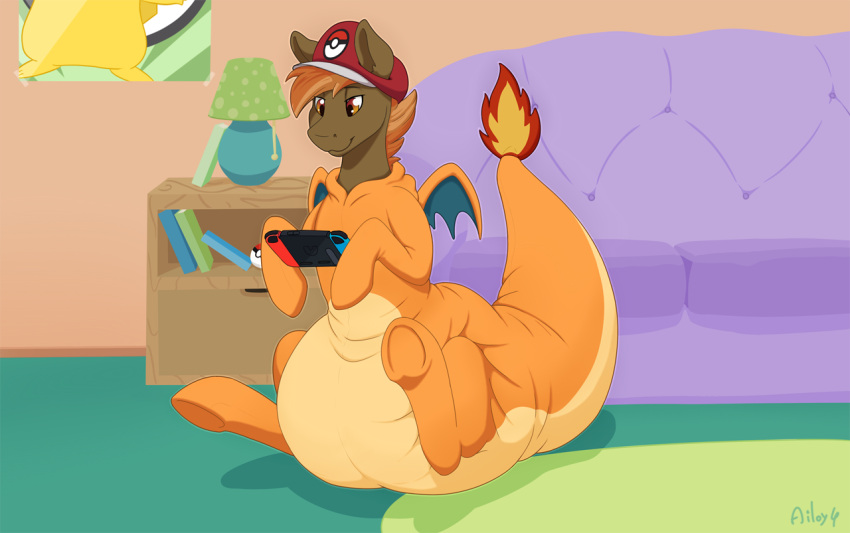 ailoy4 brown_body brown_eyes brown_fur button_mash_(mlp) charmander clothed clothing costume diaper diaper_fetish diaper_under_clothing friendship_is_magic fur generation_1_pokemon hasbro hat headgear headwear male my_little_pony nintendo nintendo_switch onsie pokemon pokemon_(species) wearing_diaper