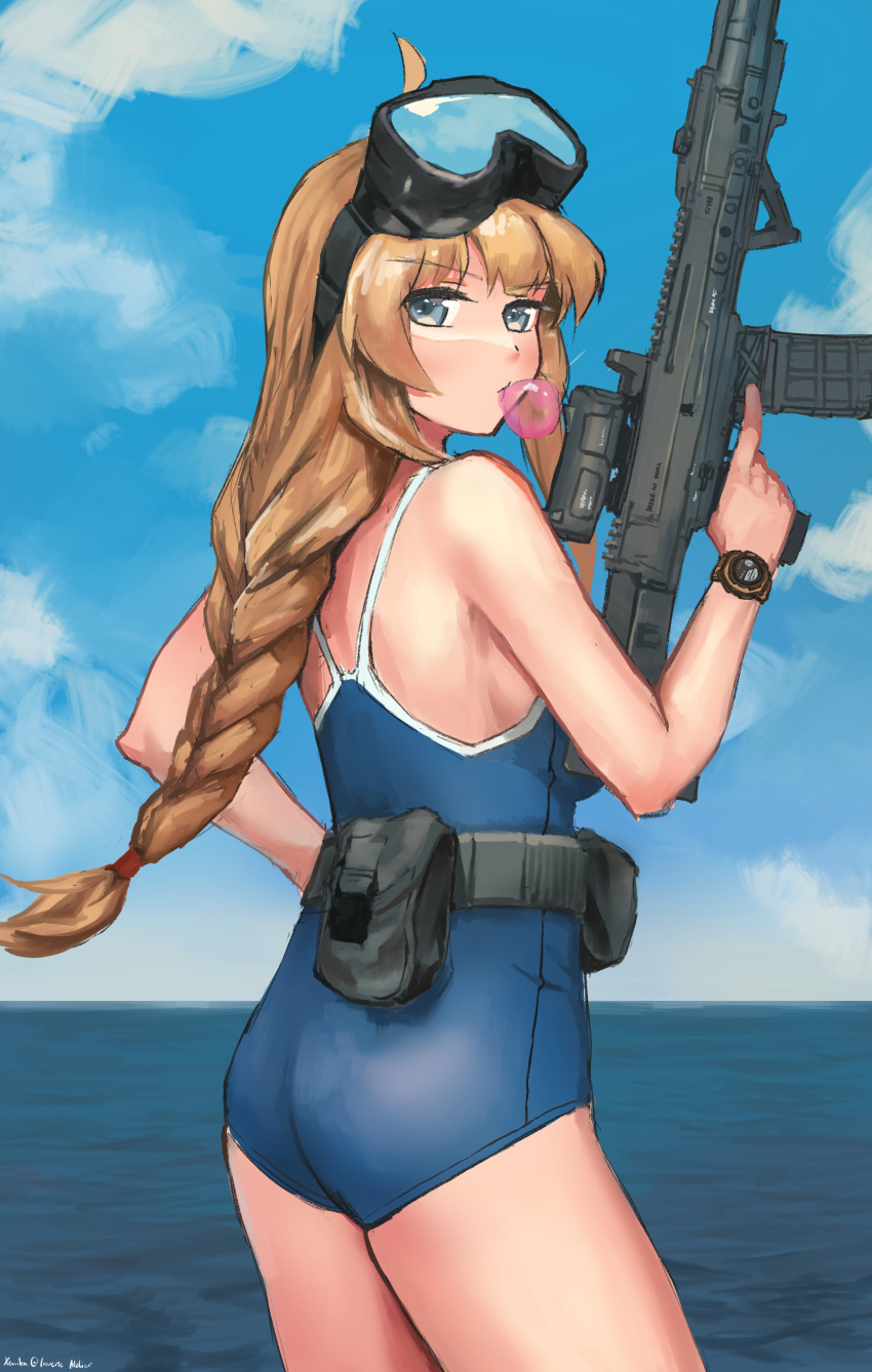 1girl absurdres ahoge ammunition_pouch ass assault_rifle bare_shoulders blue_one-piece_swimsuit blue_sky braid braided_ponytail breasts brown_hair chewing_gum cloud diving_mask diving_mask_on_head goggles goggles_on_head grey_eyes gun highres holding holding_gun holding_weapon indie_virtual_youtuber load_bearing_vest long_hair looking_at_viewer magazine_(weapon) mario_(inverse_atelier) one-piece_swimsuit pouch rifle scope sky small_breasts solo swimsuit trigger_discipline watch water weapon whiskey_project wristwatch