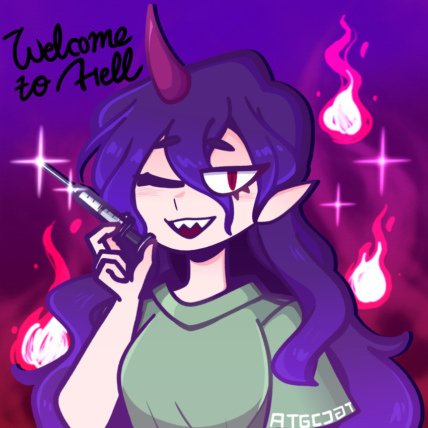 1girl :d blush cursive d_vaaaah drop_shadow fiery_background fire green_shirt highres holding holding_syringe horns one_eye_closed pointy_ears purple_hair purple_horns shirt single_horn smile syringe tenkajin_chiyari touhou unfinished_dream_of_all_living_ghost