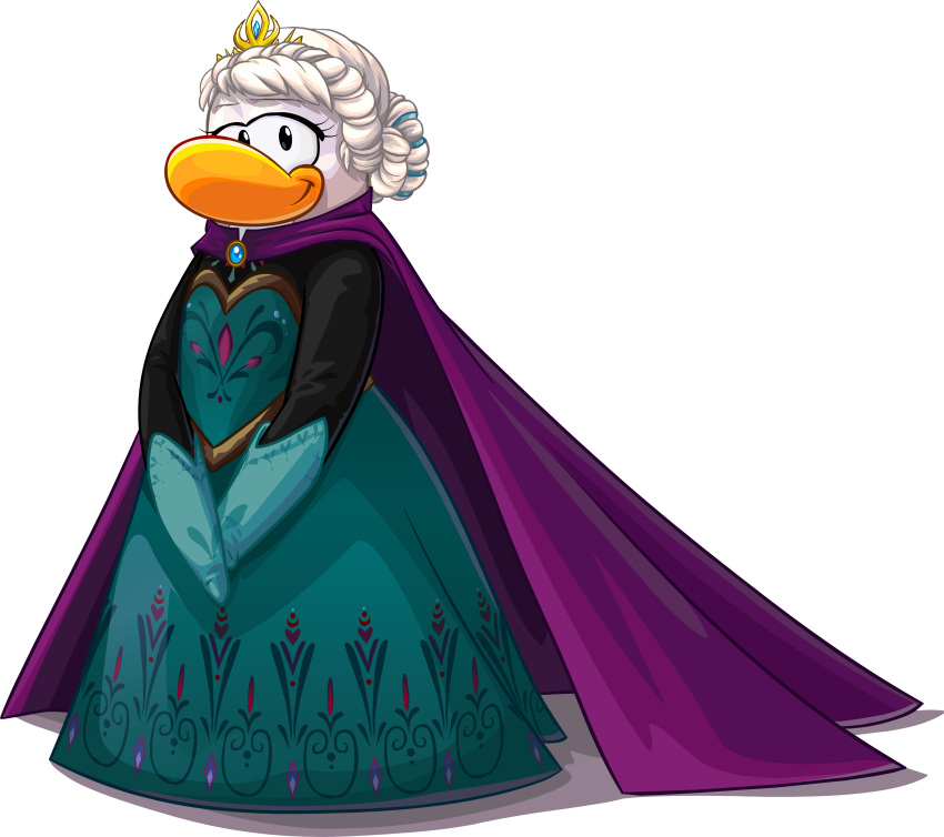 absurd_res avian bird black_clothing black_shirt black_topwear blue_clothing blue_gloves blue_handwear clothing club_penguin crossover crown disney dress female frozen_(movie) full-length_portrait gloves green_clothing green_dress hair handwear headgear hi_res looking_at_viewer official_art penguin portrait purple_cape queen_elsa_(frozen) shirt solo tiara topwear unknown_artist updo white_hair