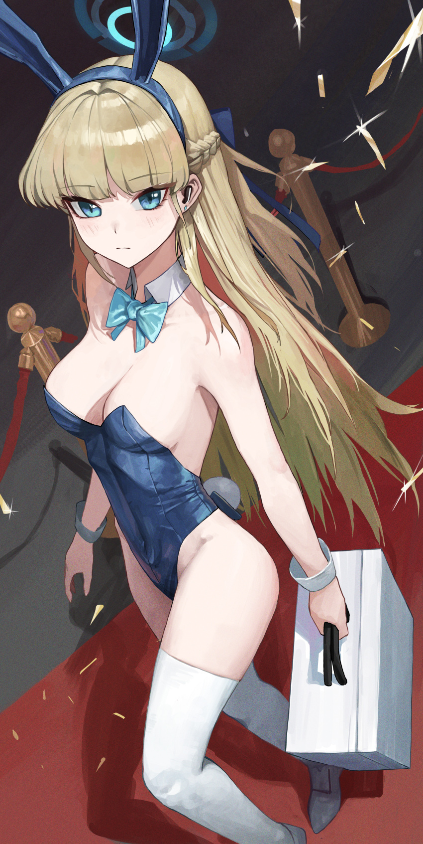 1girl absurdres animal_ears blonde_hair blue_archive blue_bow blue_bowtie blue_eyes blue_hairband blue_leotard bow bowtie breasts briefcase detached_collar earpiece fake_animal_ears hairband halo highleg highleg_leotard highres holding holding_briefcase hwan_(verypoor) leotard long_hair medium_breasts official_alternate_costume playboy_bunny rabbit_ears rabbit_tail red_carpet solo tail thighhighs toki_(blue_archive) toki_(bunny)_(blue_archive) very_long_hair walking white_thighhighs