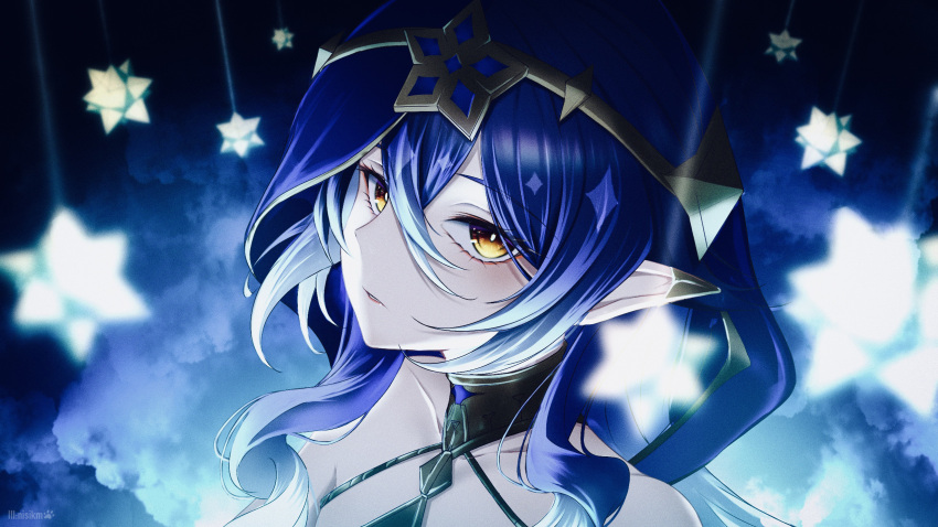 1girl artist_name blue_hair blue_hood bright_pupils cloud collarbone colored_tips dark_background drill_hair drill_sidelocks genshin_impact gold_choker gold_trim hair_between_eyes highres hood hood_up jewelry layla_(genshin_impact) long_bangs long_hair looking_at_viewer multicolored_hair neck_ring nisikm parted_lips pointy_ears portrait red_lips sidelocks solo stellated_octahedron twin_drills white_pupils yellow_eyes