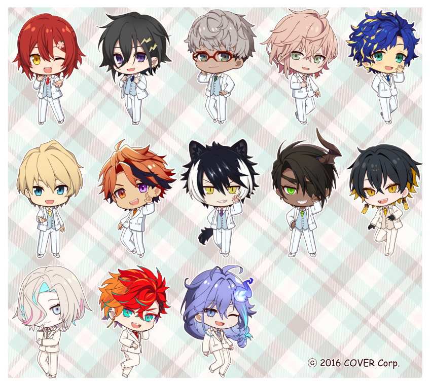 6+boys :d ;d adjusting_clothes animal_ears aqua_hair aragami_oga arm_behind_back arms_at_sides arurandeisu astel_leda beckoning black_hair blonde_hair blue_eyes blue_hair blue_necktie blue_vest border chibi claw_pose collared_shirt copyright curtained_hair earrings everyone eyepatch flower full_body green_eyes green_necktie grey_eyes grey_hair grey_shirt grin hair_between_eyes hair_flower hair_ornament hair_over_one_eye hanasaki_miyabi hand_on_own_chest hand_on_own_chin hand_on_own_elbow hand_on_own_hip highres hitodama hizaki_gamma holostars horns jackal_boy jackal_ears jackal_tail jacket jewelry kageyama_shien kanade_izuru kishido_temma lapels lightning_bolt_hair_ornament lightning_bolt_symbol long_hair low-tied_long_hair male_focus medium_hair minase_rio mole mole_under_eye multicolored_hair multiple_boys necktie notched_lapels official_art one_eye_closed open_clothes open_hand open_jacket open_mouth orange_hair orange_necktie ousawa_kanata pants pink_hair pink_necktie plaid plaid_background purple_eyes purple_hair purple_necktie red_hair red_necktie rikka_(holostars) salute sharp_teeth shirt shoes short_hair single_horn smile streaked_hair suit suit_jacket tail teeth two-finger_salute upper_body utsugi_uyu v-shaped_eyebrows vest virtual_youtuber waving white_border white_footwear white_hair white_jacket white_necktie white_pants white_suit yatogami_fuma yellow_eyes yellow_necktie yukoku_roberu