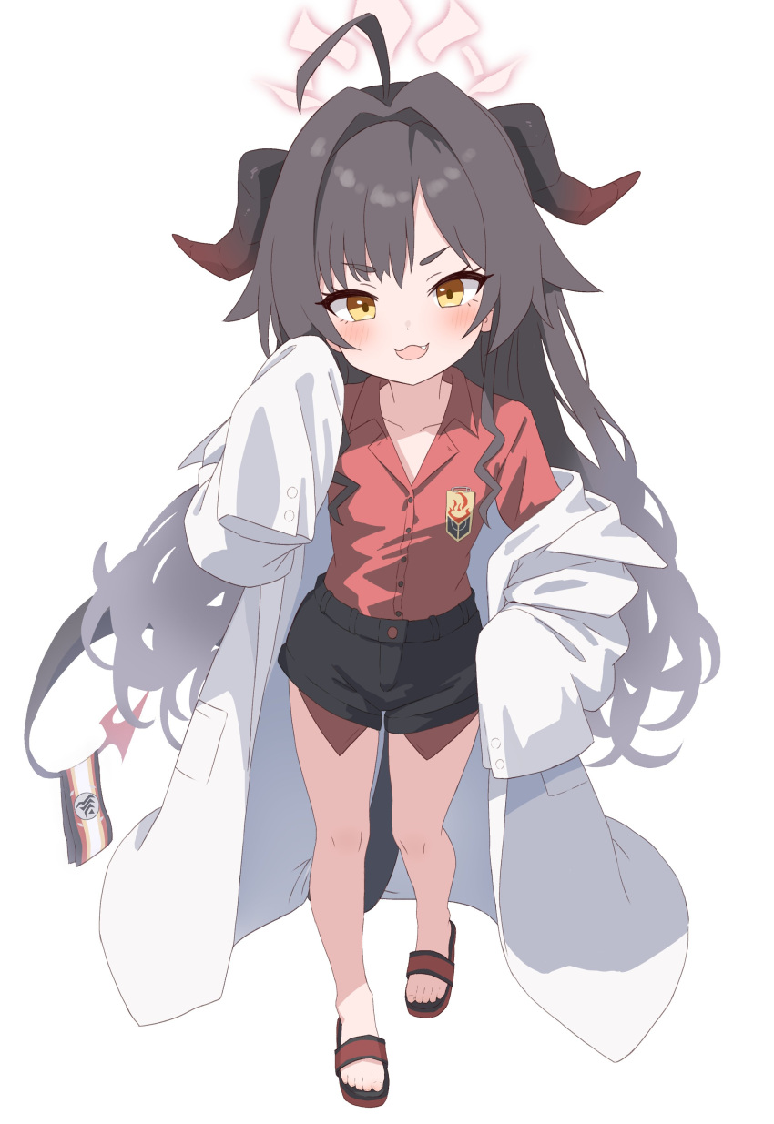 1girl absurdres ahoge bad_anatomy bad_perspective black_hair black_horns black_shorts black_tail blue_archive blush coat collarbone collared_shirt demon_horns fang full_body hair_intakes halo highres horns kasumi_(blue_archive) lab_coat long_hair looking_at_viewer open_mouth red_halo red_shirt sandals shirt shorts simple_background sleeves_past_fingers sleeves_past_wrists smile solo white_background white_coat yellow_eyes yukisiannn