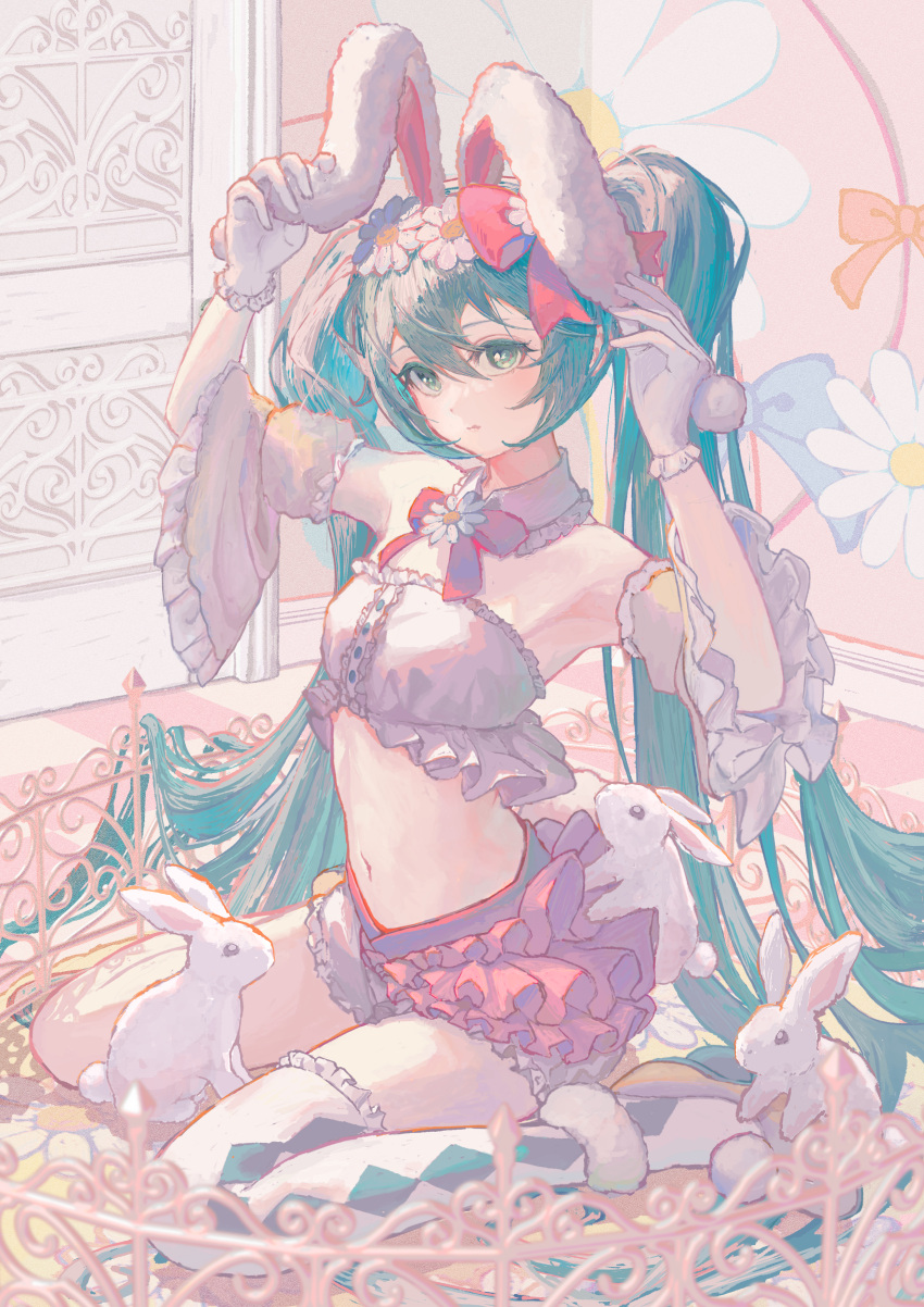 1girl absurdres animal animal_ears aqua_eyes aqua_hair bare_shoulders bow bowtie breasts closed_mouth collar commentary detached_collar detached_sleeves easter fake_animal_ears flower frilled_skirt frills full_body gloves green_eyes green_hair hair_between_eyes hair_bow hatsune_miku highres indoors kurohanesawa long_hair looking_at_viewer midriff miniskirt navel official_alternate_costume pleated_skirt rabbit rabbit_ears rabbit_girl red_bow red_bowtie sitting skirt small_breasts solo taito_four_seasons_figure_(vocaloid) thighhighs twintails very_long_hair vocaloid wariza white_collar white_flower white_gloves white_thighhighs
