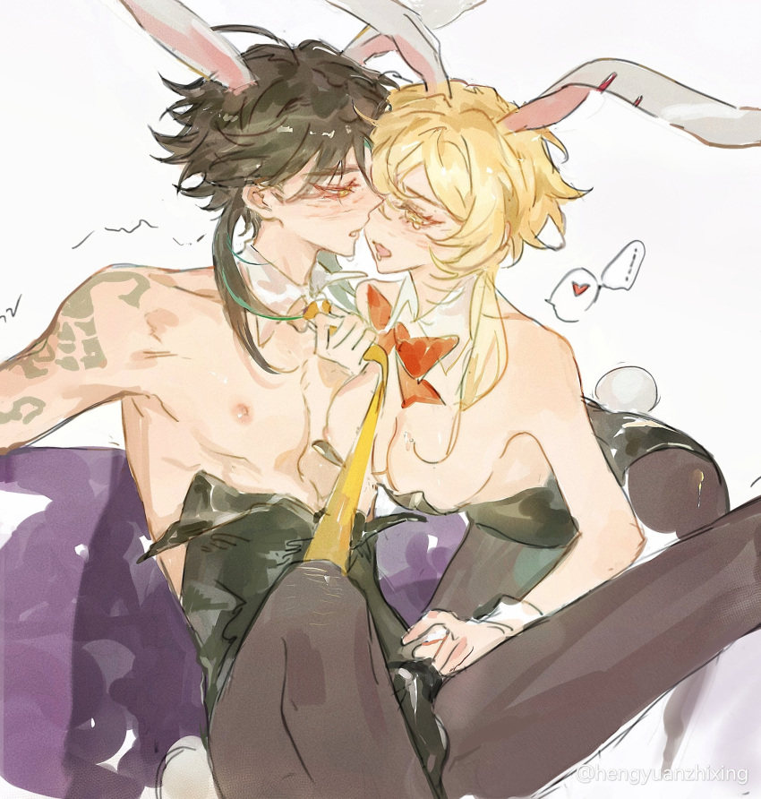 1boy 1girl blonde_hair bow bowtie couple genshin_impact heart hengyuanzhixing hetero highres imminent_kiss lumine_(genshin_impact) male_playboy_bunny nipples playboy_bunny red_bow short_hair toned toned_male tongue tongue_out xiao_(genshin_impact) yellow_eyes