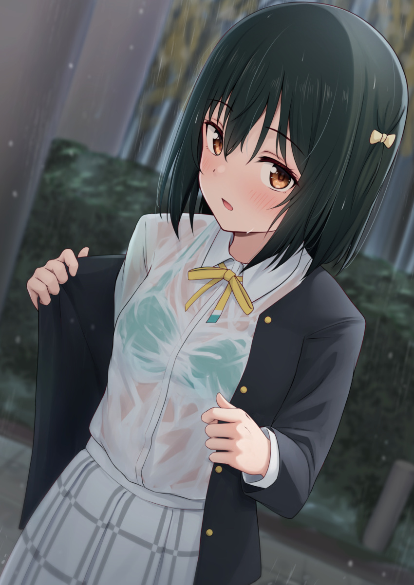 1girl black_hair black_jacket blurry blurry_background blush bow bra bra_visible_through_clothes breasts buttons collared_shirt commentary_request cowboy_shot dutch_angle green_bra hair_between_eyes hair_bow hands_up hedge highres jacket long_sleeves looking_at_viewer love_live! love_live!_nijigasaki_high_school_idol_club mifune_shioriko neck_ribbon nijigasaki_academy_school_uniform off_shoulder open_clothes open_jacket outdoors paid_reward_available parted_lips plaid plaid_skirt rain ribbon school_uniform shirt shirt_tucked_in short_hair skirt small_breasts solo standing toyasu_aina underwear undressing wet wet_clothes wet_hair wet_shirt white_shirt white_skirt yellow_bow yellow_eyes yellow_ribbon