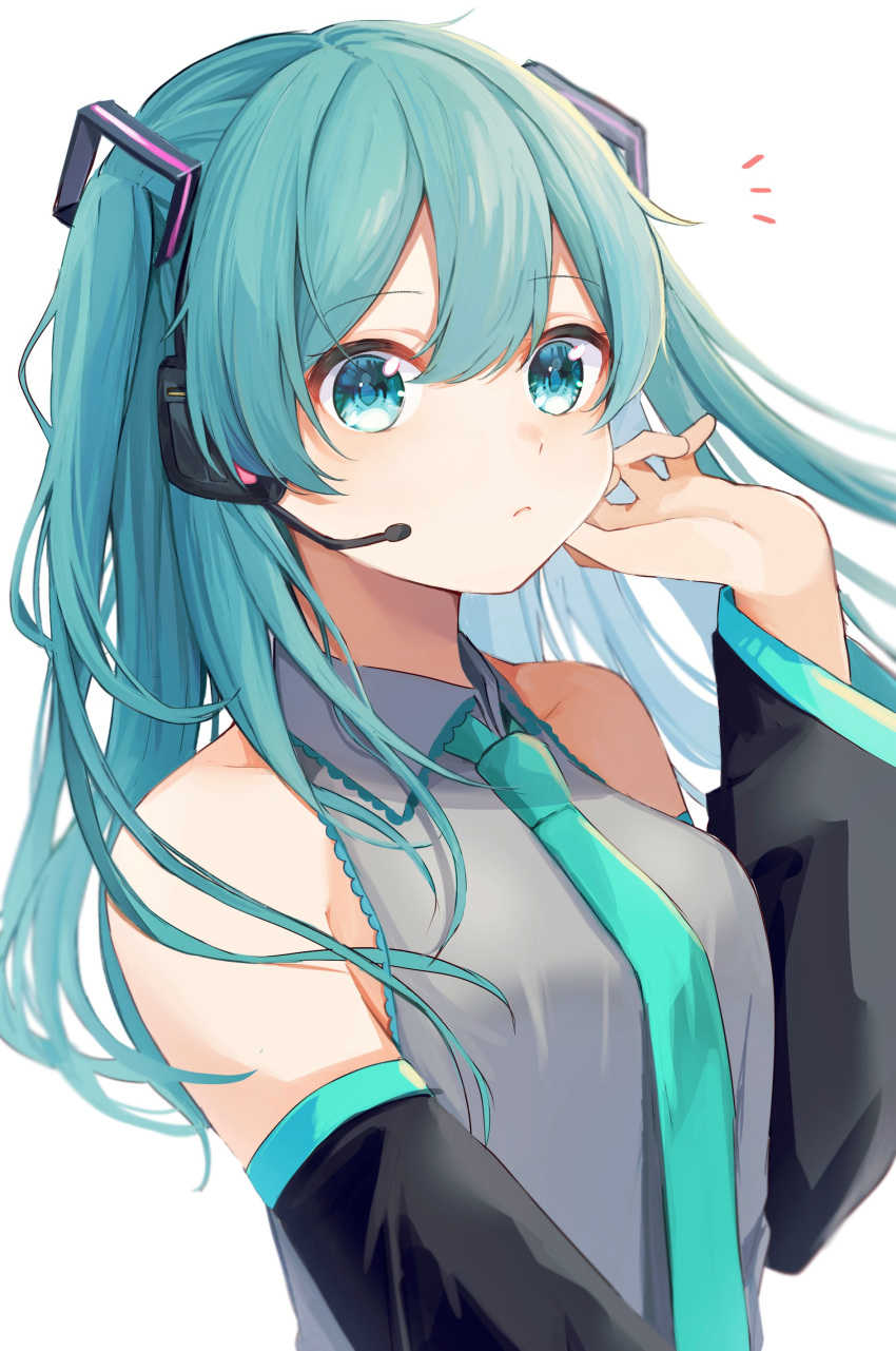 1girl absurdres alternate_hair_length alternate_hairstyle aqua_eyes aqua_hair aqua_necktie aqua_trim bare_shoulders black_sleeves commentary detached_sleeves expressionless frilled_shirt frilled_shirt_collar frills grey_shirt hair_ornament hand_up hatsune_miku headphones headset highres long_hair looking_at_viewer mochita_mogu necktie notice_lines shirt simple_background sleeveless sleeveless_shirt solo twintails two_side_up upper_body vocaloid white_background