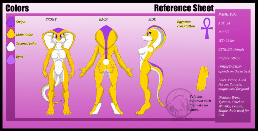 2012 3_toes ankh anthro athletic athletic_female belly_scales breasts butt butt_tattoo character_name cobra color_swatch digital_media_(artwork) english_text facial_tattoo feet female justathereptile looking_at_viewer markings model_sheet non-mammal_breasts nude purple_eyes purple_markings reptile scales scalie simple_background smile snake snake_hood solo tail tattoo text toes vala_(justathereptile) watermark yellow_body yellow_scales yellow_skin