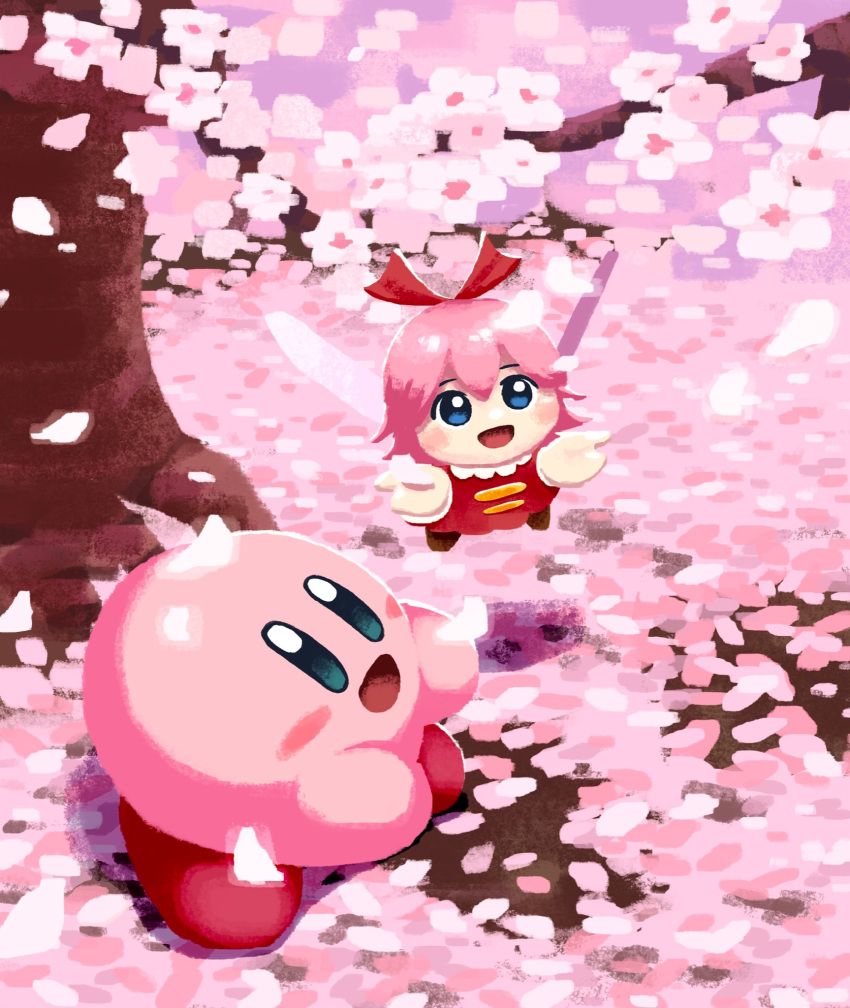 1girl aruco_co blue_eyes blush_stickers cherry_blossoms colored_skin commentary dress fairy fairy_wings falling_petals highres kirby kirby_(series) kirby_64 open_mouth petals pink_hair pink_skin red_dress red_ribbon ribbon ribbon_(kirby) smile solid_oval_eyes symbol-only_commentary tree wings